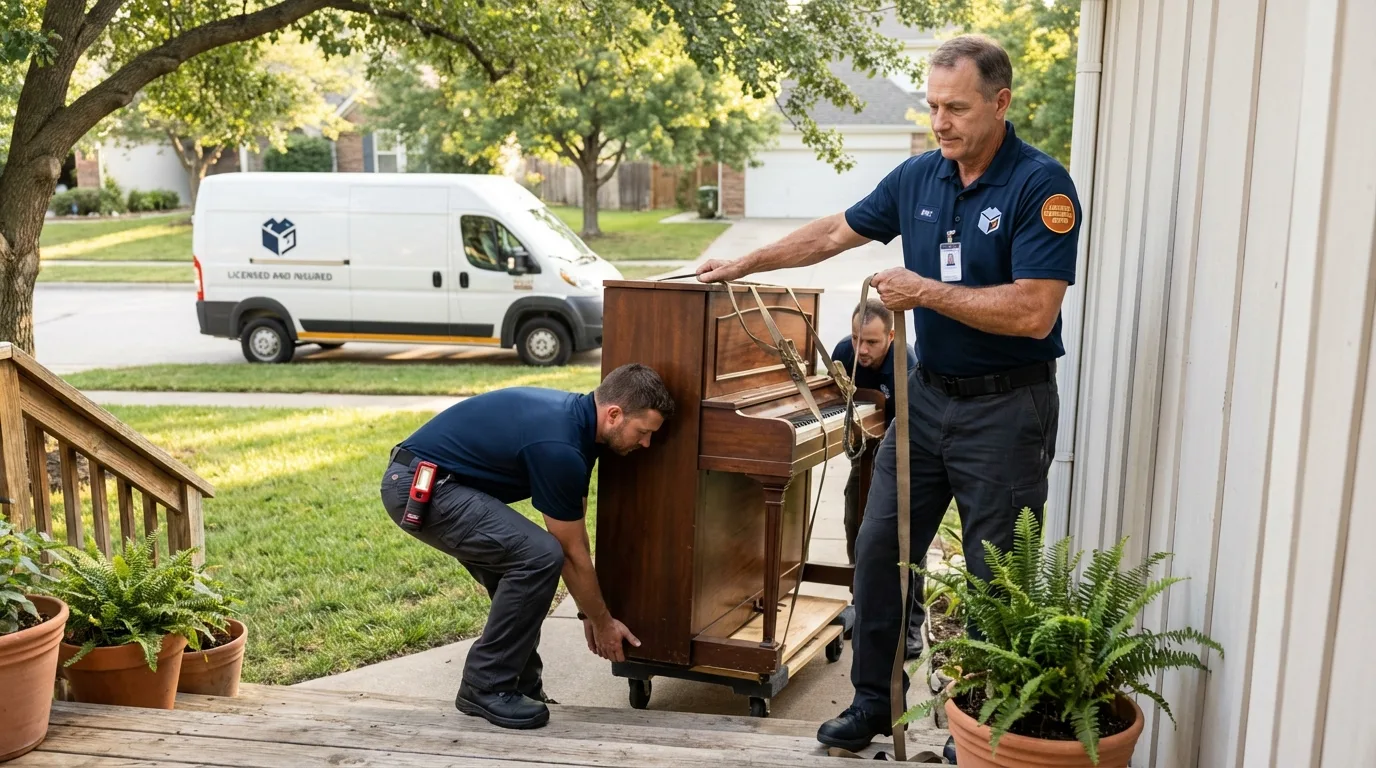Licensed piano movers securing grand piano in Rock Island, IL