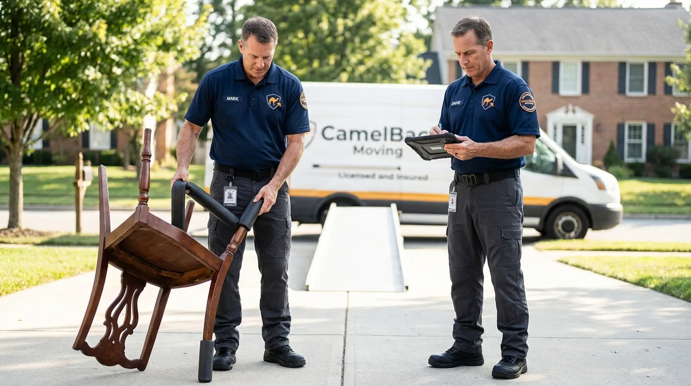 Movers inspecting furniture for damage prevention before loading in Rock Island, IL