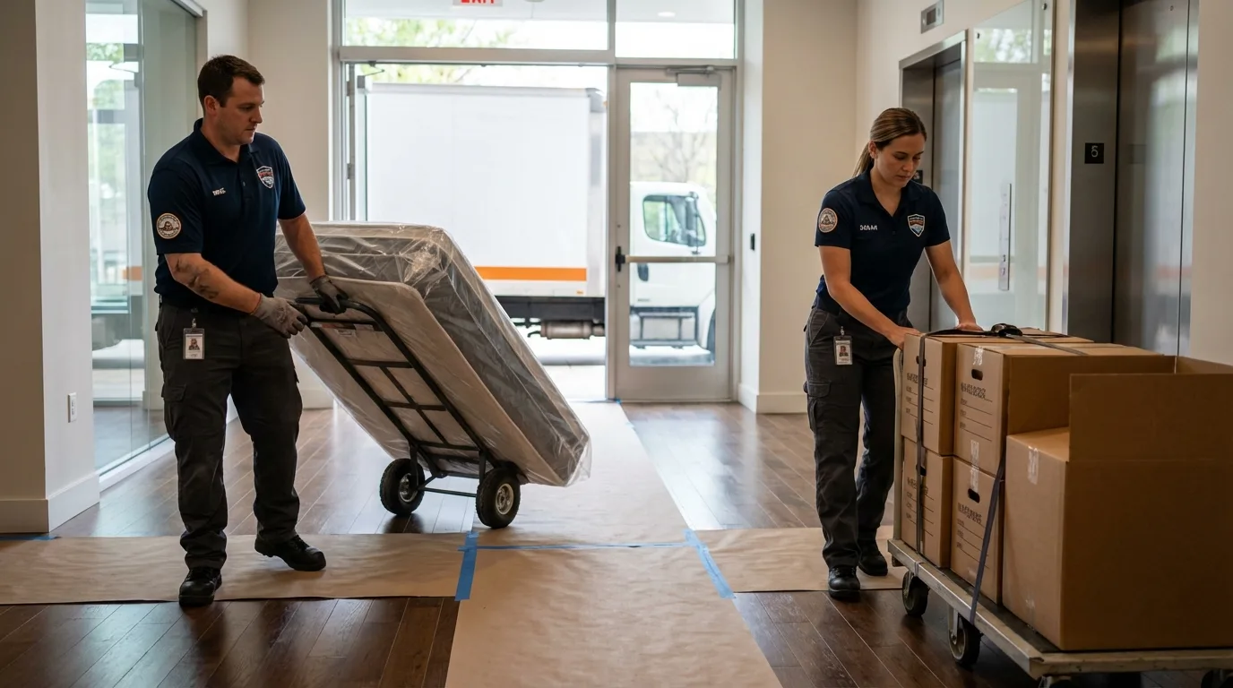 Professional apartment movers loading elevator in Rock Island, IL