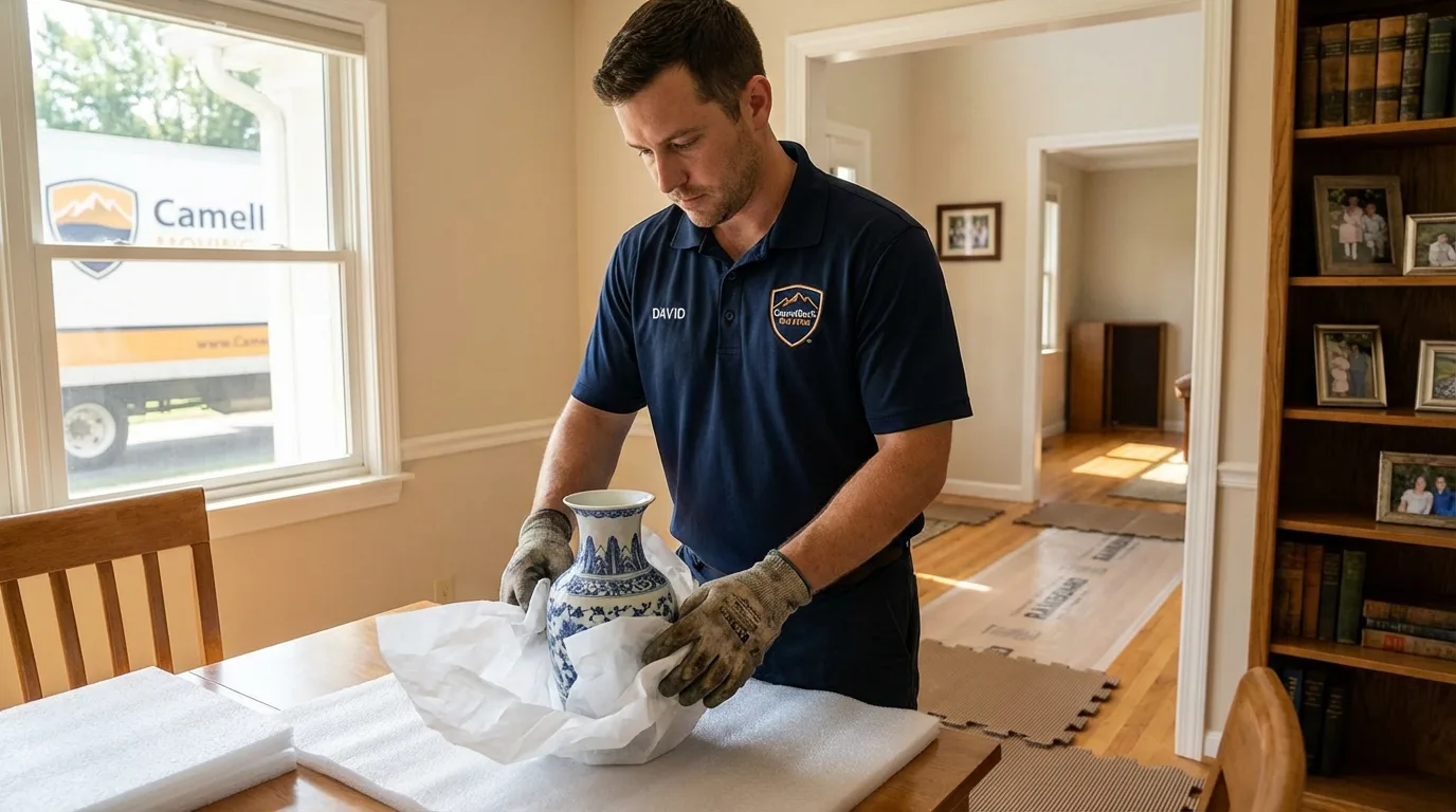 Professional crew carefully wrapping antique vase for senior downsizing move in Rock Island, IL